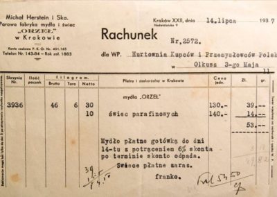 Parowa Fabryka Mydeł i Świec "Orzeł" z ul. Nadwiślańskiej. Rok założenia 1883 wystawiła ten rachunek Hurtowni Kupców i Przedsiębiorców Polskich. 14 lipca 1937