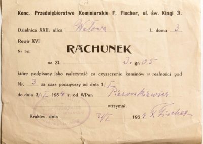 Rachunek za czyszczenie kominów w realności ul. Wałowa 3. 1934