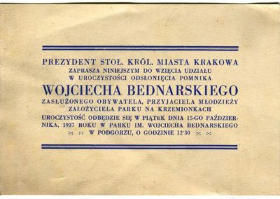 Zaproszenie na uroczystość odsłonięcia pomnika Wojciecha Bednarskiego. Z Archiwum Andrzeja Głuca.